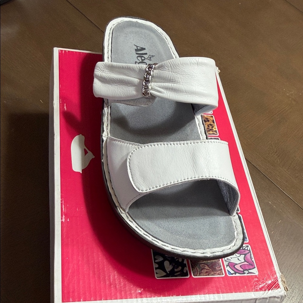 Alegria White Leather Slide Sandals with Butterfly Accent